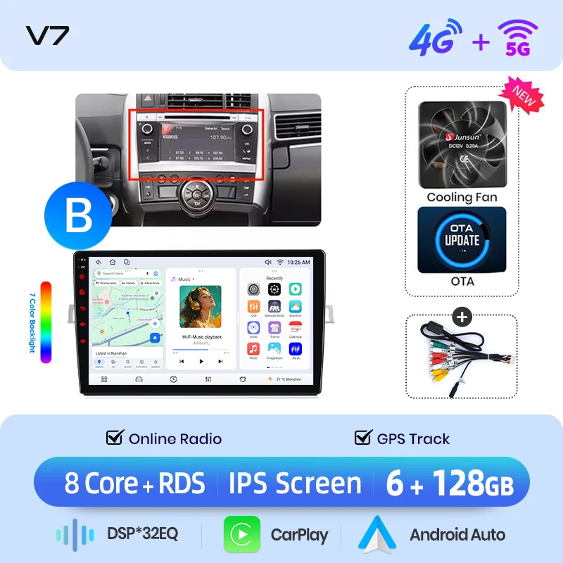 Junsun draadloze CarPlay- en Android Auto-autoradio voor Toyota Verso (ZGR20/AUR20) 2009-2018, met ingebouwde koelventilator, Android GPS-navigatie, multimedia-speler, WiFi, DSP, RDS, BT, SWC,