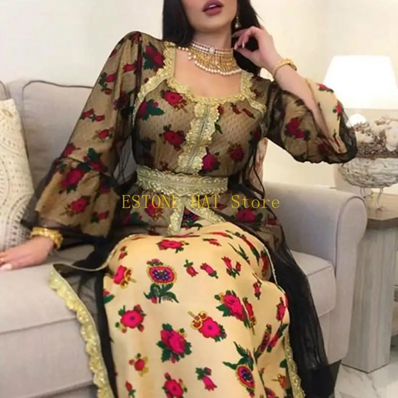 49MF ผู้หญิง Ramadan อาหรับดูไบชาติพันธุ์ Maxi ชุดเย็บปักถักร้อยลูกไม้แขนยาวมุสลิม Kaftan พิมพ์ลายดอกไม้ตาข่าย Belted Robe Gown