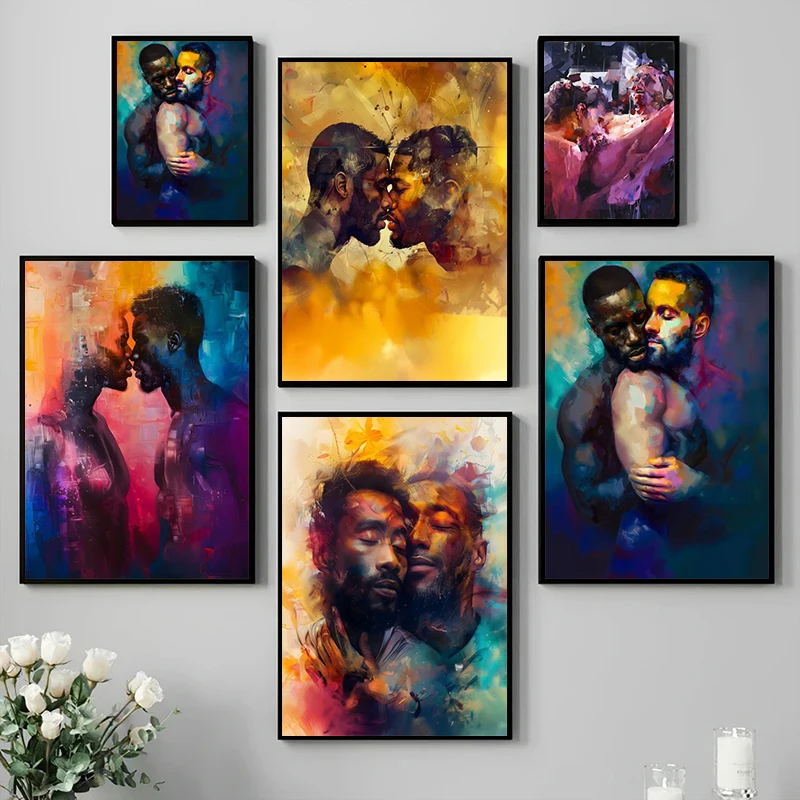 Gay Couple Love Posters and Prints Black Man Couples Hug Canvas Painting Wall Art Picture for Living Room Home Decor Cuadros