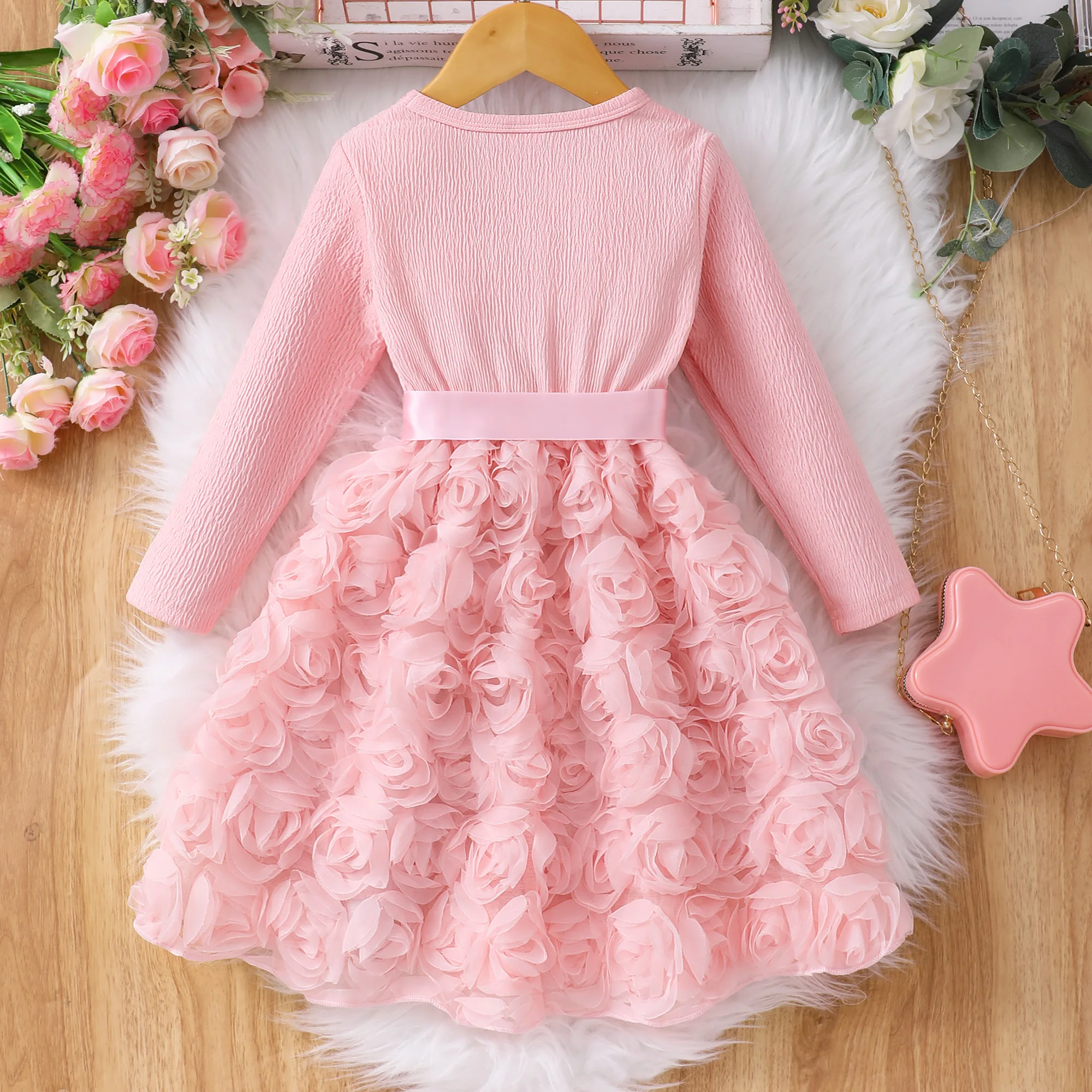 Girls\' solid color rose dress