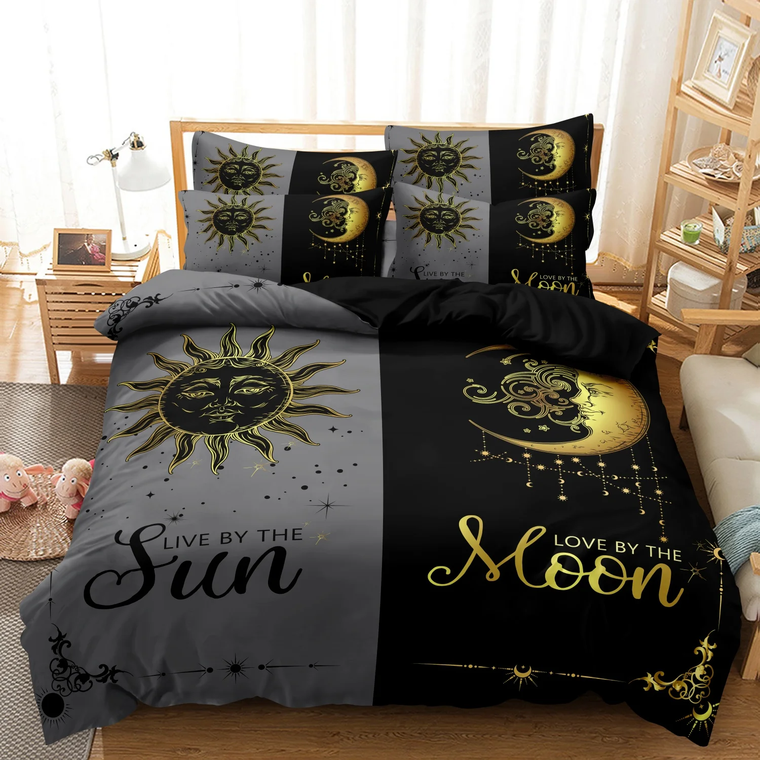 Black Split Sun Moon Print Couple 3Pcs Duvet Cover Set, Golden Sun Moon Star Celestial Print Bedding, Multiple Sizes Available