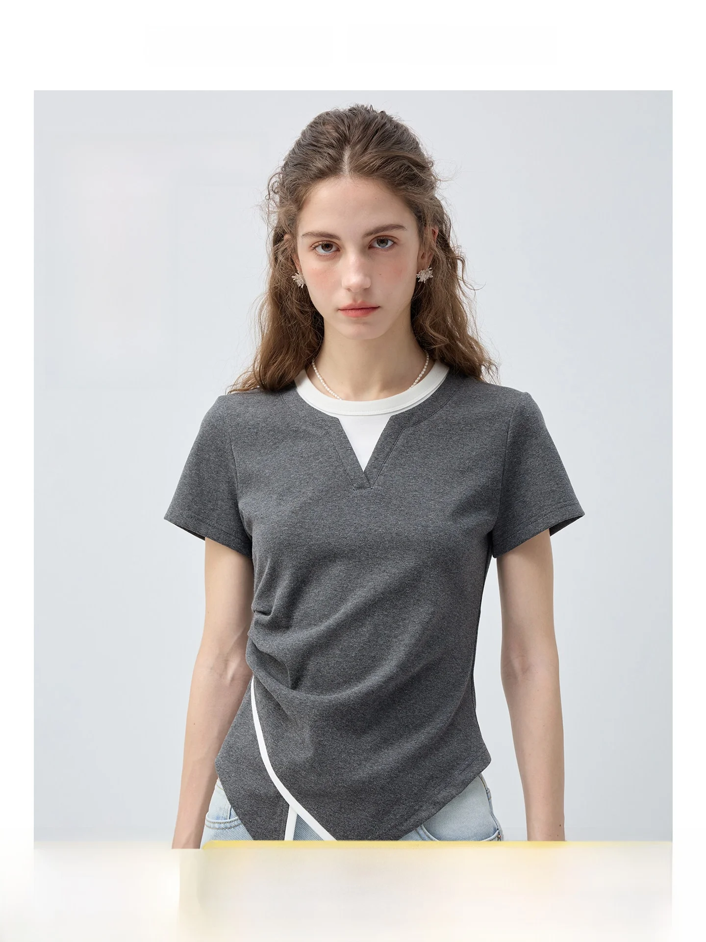 

plus Size Women's T-irt oulder Design Slimming Waist ort Sve Fake Two-Piece Sle Comfortable Breathable Korean Sle