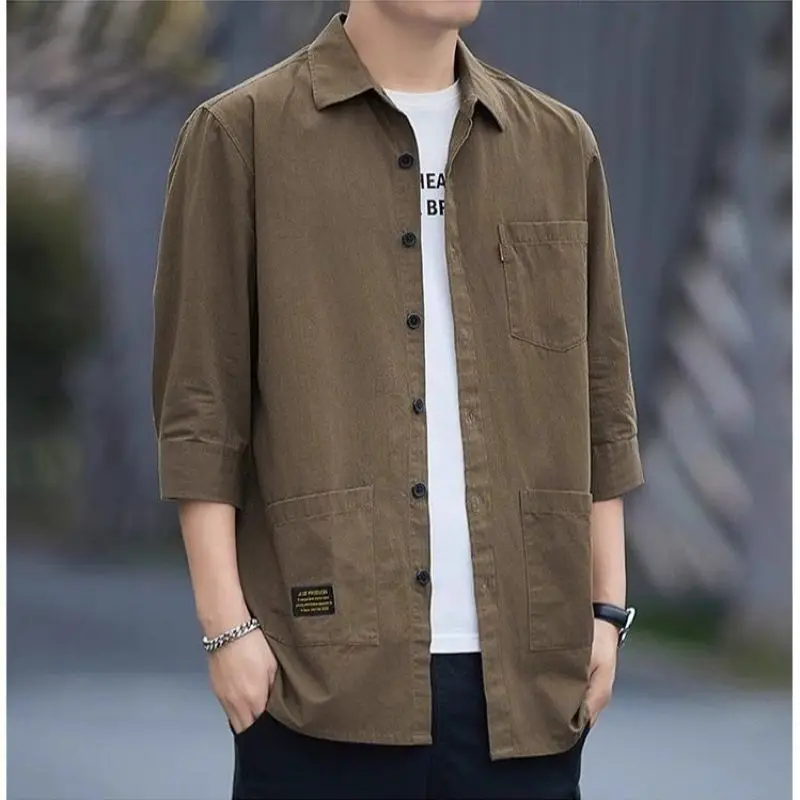 2024 Summer New Men's Solid Color Polo-Neck Button Spliced Pockets Fashion Casual Loose Comfortable Three Quarter Shirt Coats