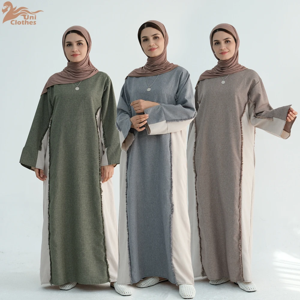 

2024 Ramadan Saudi Arabia Women Muslim Modest Dress Eid Dubai Abaya with Belt Islamic Elegant Turkey Color Matching Kaftan Robe