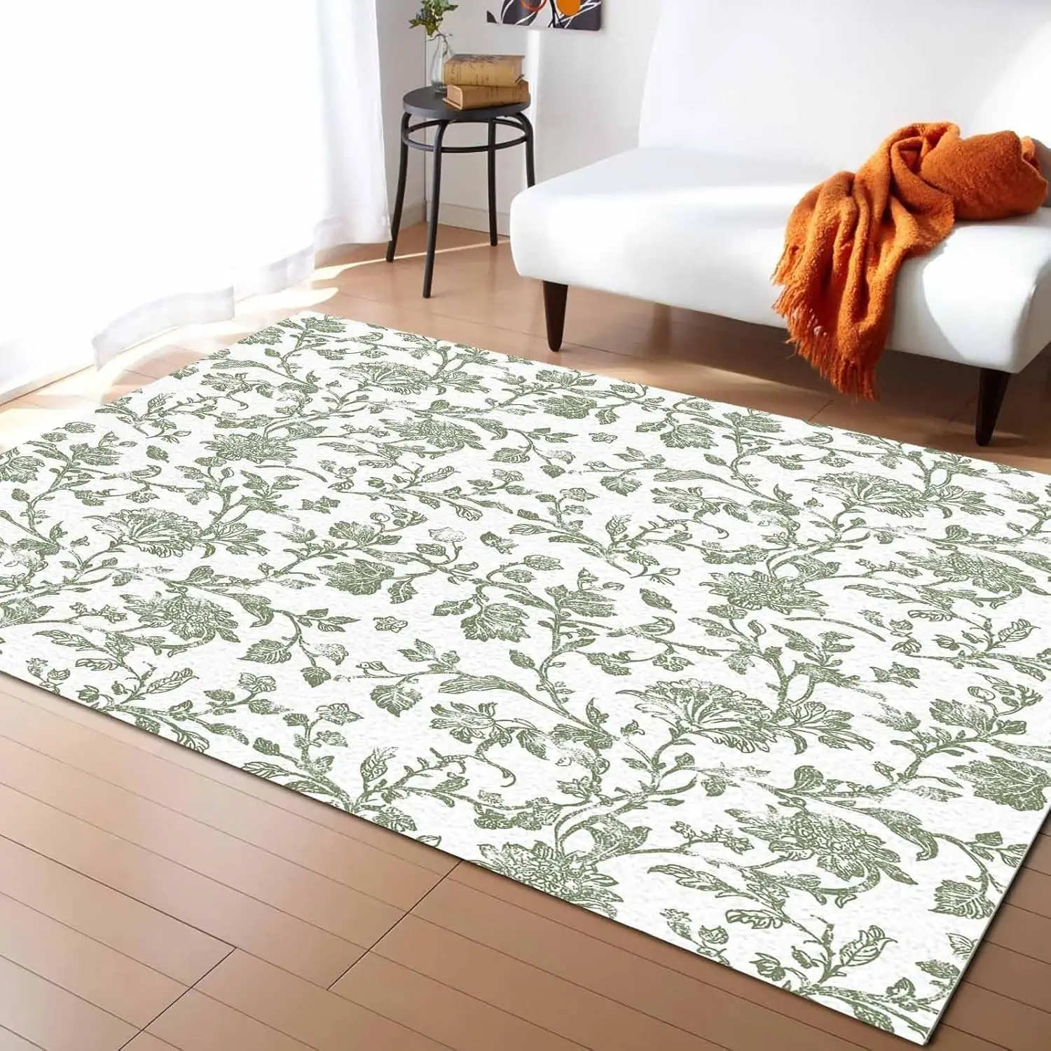 

Винтажные зеленые моющиеся коврики с цветочным принтом, нескользящие коврики в деревенском стиле с цветком в пасторальном стиле для гостиной, спальни, пол с низким ворсом
