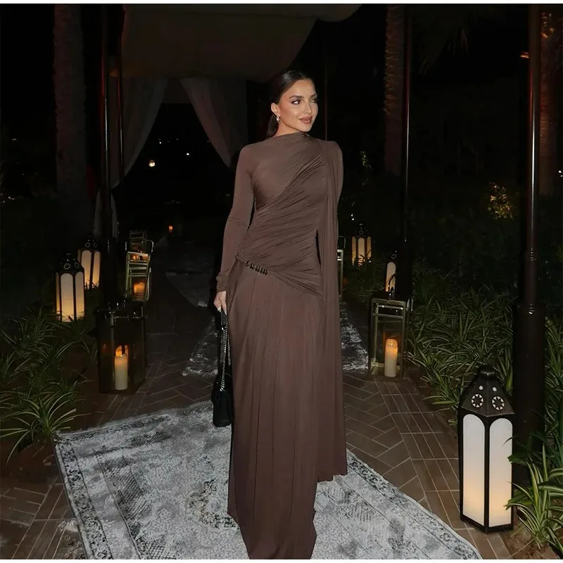 Elegantes Damen-Maxikleid mit Plissee und Unregelmäßigem Patchwork, Schickes Langarm-Rollkragenkleid für Sommer 2026, Party- und Abendkleider