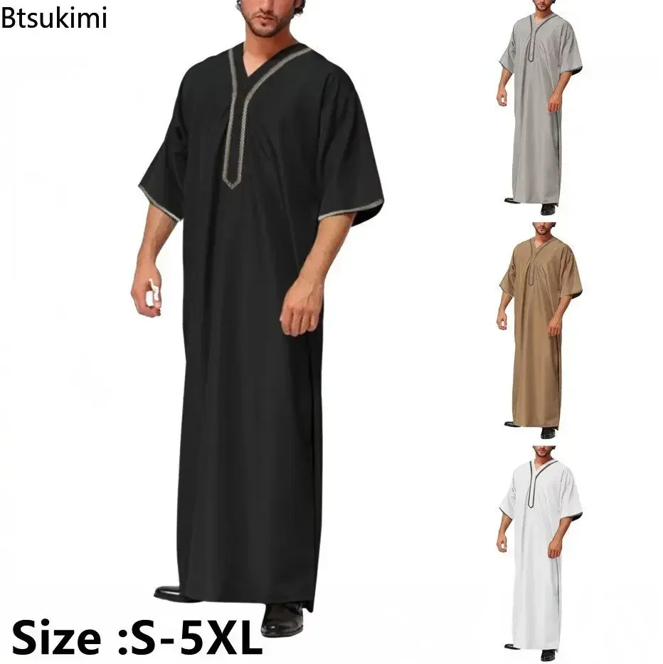 2025 Muslim Men Jubba Thobe Solid Button Kimono Middle Robe Saudi Muslim Man Shirt Stand Collar Islamic Arabic Kaftan Men Abayas