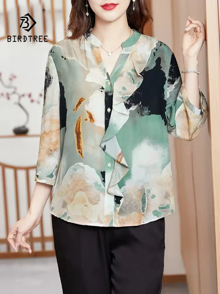 BirdTree 100%Real Silk Elegant Shirt For Women, V Neck Ruffled Rdge, Vintage Printed Temperament Blouse, 2024 Spring T42333QC