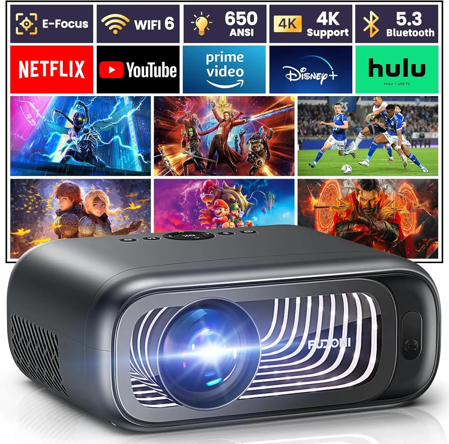 Projector with WiFi 6 and Bluetooth Dual-way, 650ANSI Native 1080P 4K Support Outdoor Movie Projector Max 300'' Display