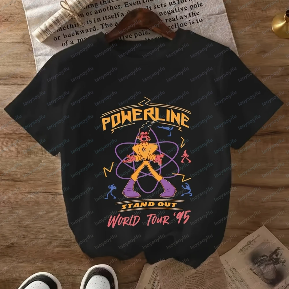 

Powerline Graphic Print T-Shirt Casual Crew Neck Short Sleeve Top with Vibrant Graphic Powerline Text and Cartoon Character Tees