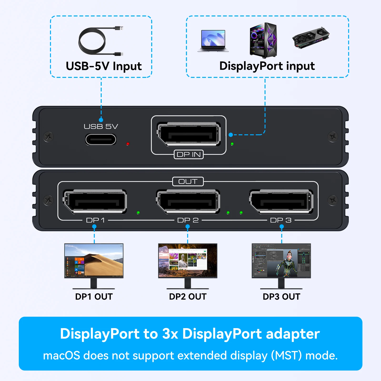 Divisor DisplayPort para adaptador de triple monitor Divisor DisplayPort 4K@60Hz 1 en 3 salidas para 3 monitores Soporte HDMI Modo extendido