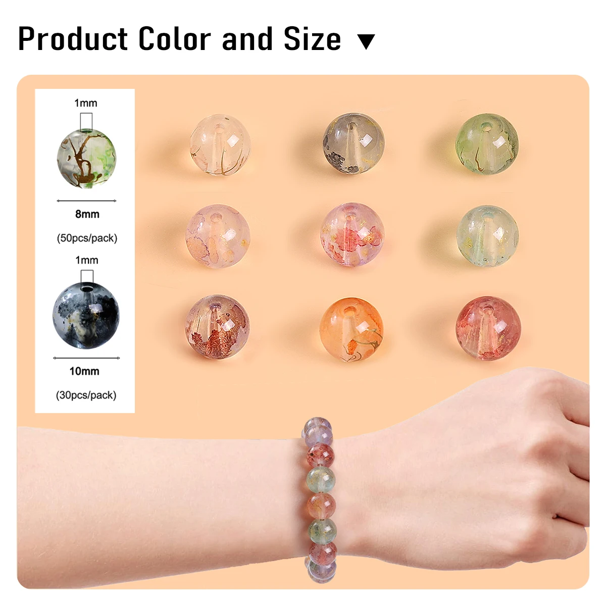 

8-10mm Transparent Glass Ice Ink Smudge Beads - Round DIY Jewelry Beads for Bracelets/Necklaces (30/50pcs Craft Accessories)