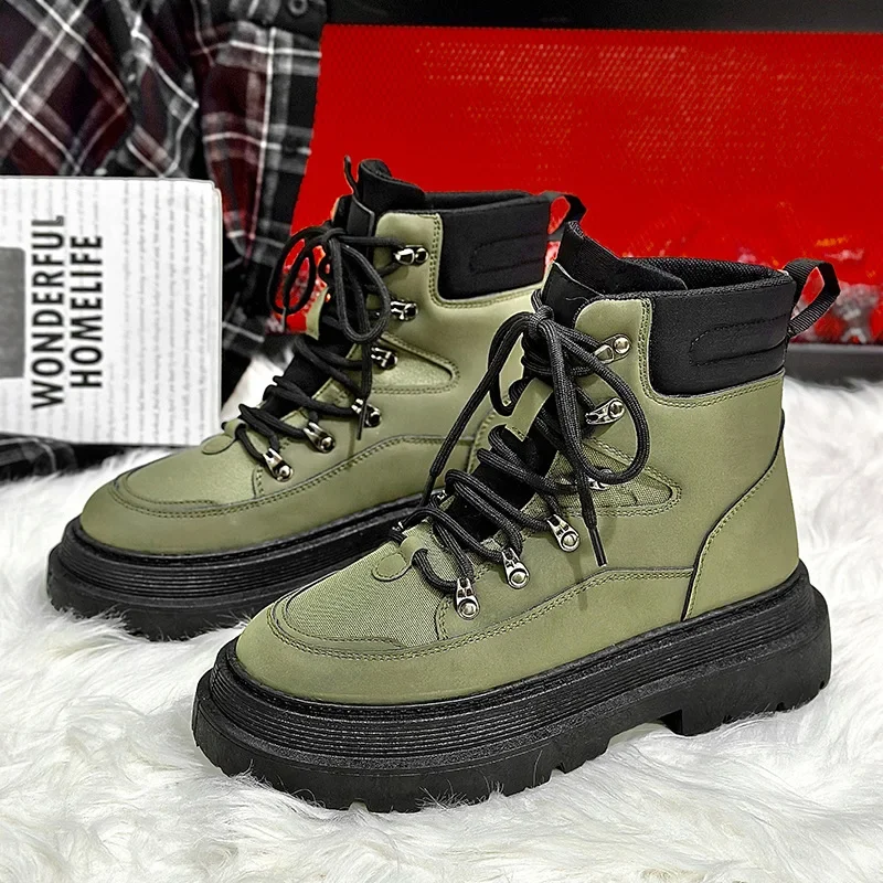 Botas masculinas sapatos casuais de couro plataforma ao ar livre verde moda luxo designer trabalho alta superior caminhadas botas tornozelo cowboy inverno