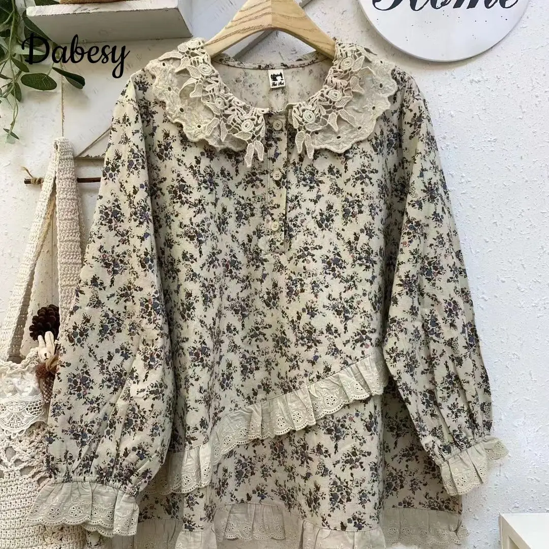 

Vintage Flower Mori kei clothing Women Autumn Sweet Ruffled Peter Pan Collar Long Sleeve Tops Casual cotton shirts and blouses