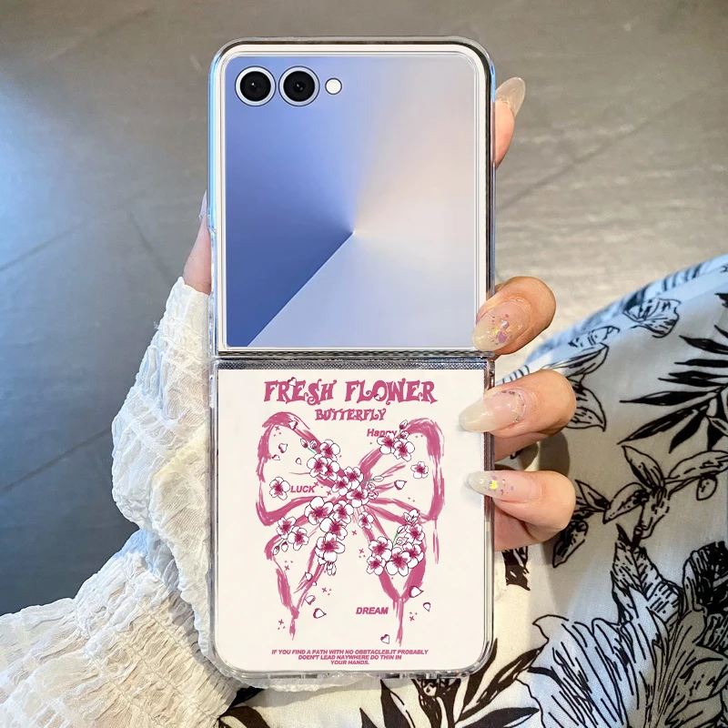 Pink Bowknot Transparent Folding Phone Case For Samsung Galaxy Z Flip 7 FE 6 5 4 3 Flip7 Flip6 Flip5 Flip4 5G Hard PC Back Cover