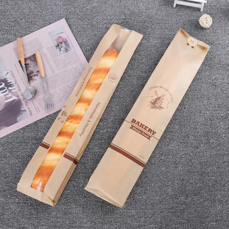 100Pcs Bread Bag 57x10x4cm kraft paper Food Packaging Bakery Baking Baguette paper bread bags with window customized supplier