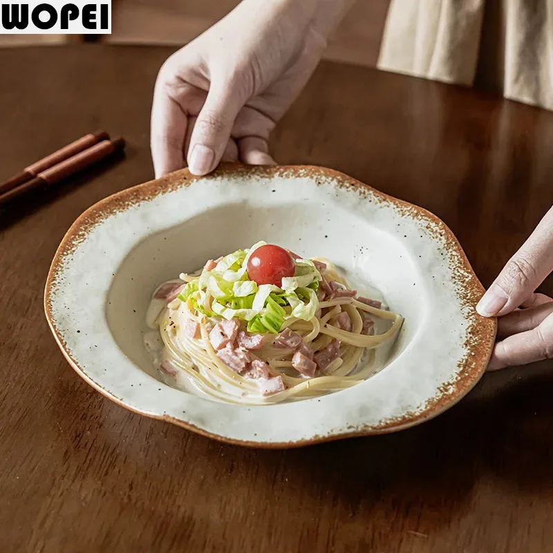 Vintage Coarse Pottery Plate Flower Edge Pasta Dish Fruit Salad Plate Dessert Dish Thick Soup Plate Molecular Cuisine Tableware