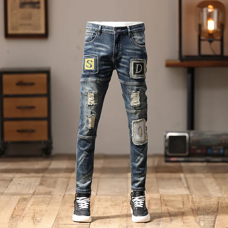 Embroidered Jeans Men's Stitching Patchwork Trendy Retro Slim Fit Light Straight-Leg Personality Street Motorcycle Trousers