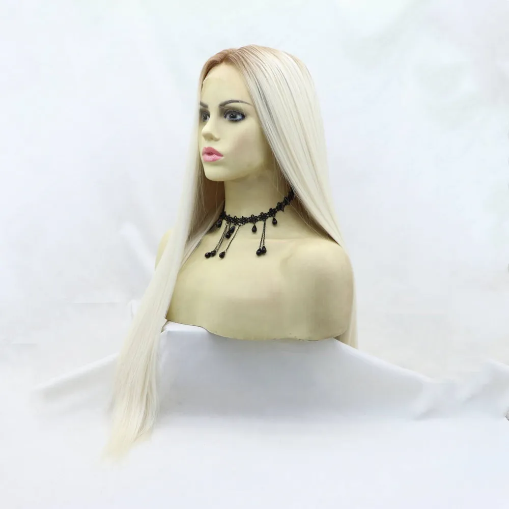 Sylvia Synthetic Blonde Ombre Straight Wig Lace Front Heat Resistant Fiber Women's Hair Wigs with Brown Root