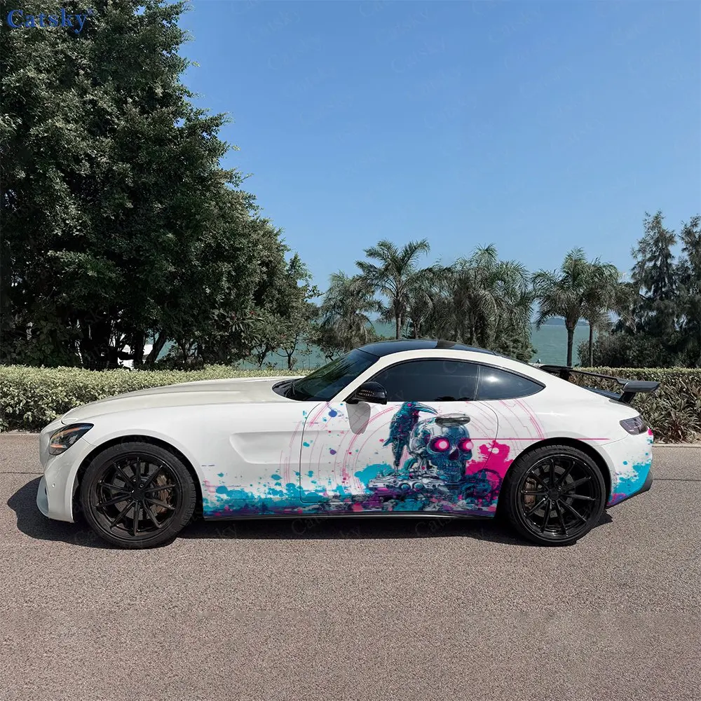 2Pcs Cyber Pink Blue Skull Raven Car Side Wraps, Self-Adhesive PVC Waterproof & Scratch-Resistant Stickers, Car Accessory Gift