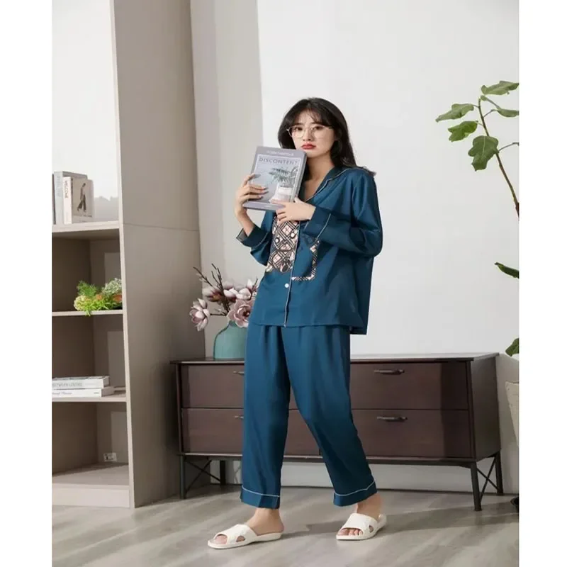 8012Spring new women's ice silk fashion trend printing cardigan pajamas two-piece home clothes can be worn outside