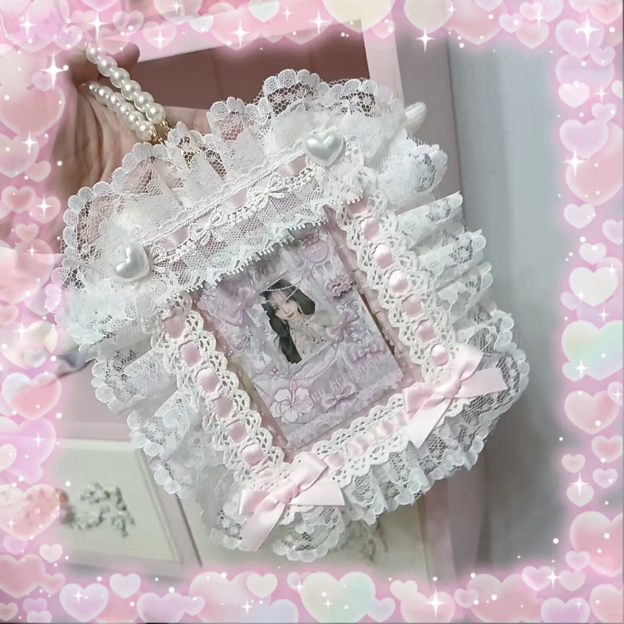 Handmade Lolita Hairy Wings Bow Beaded Lace Card Cover Small Card Cover Lta Bag Pendant Double Sided