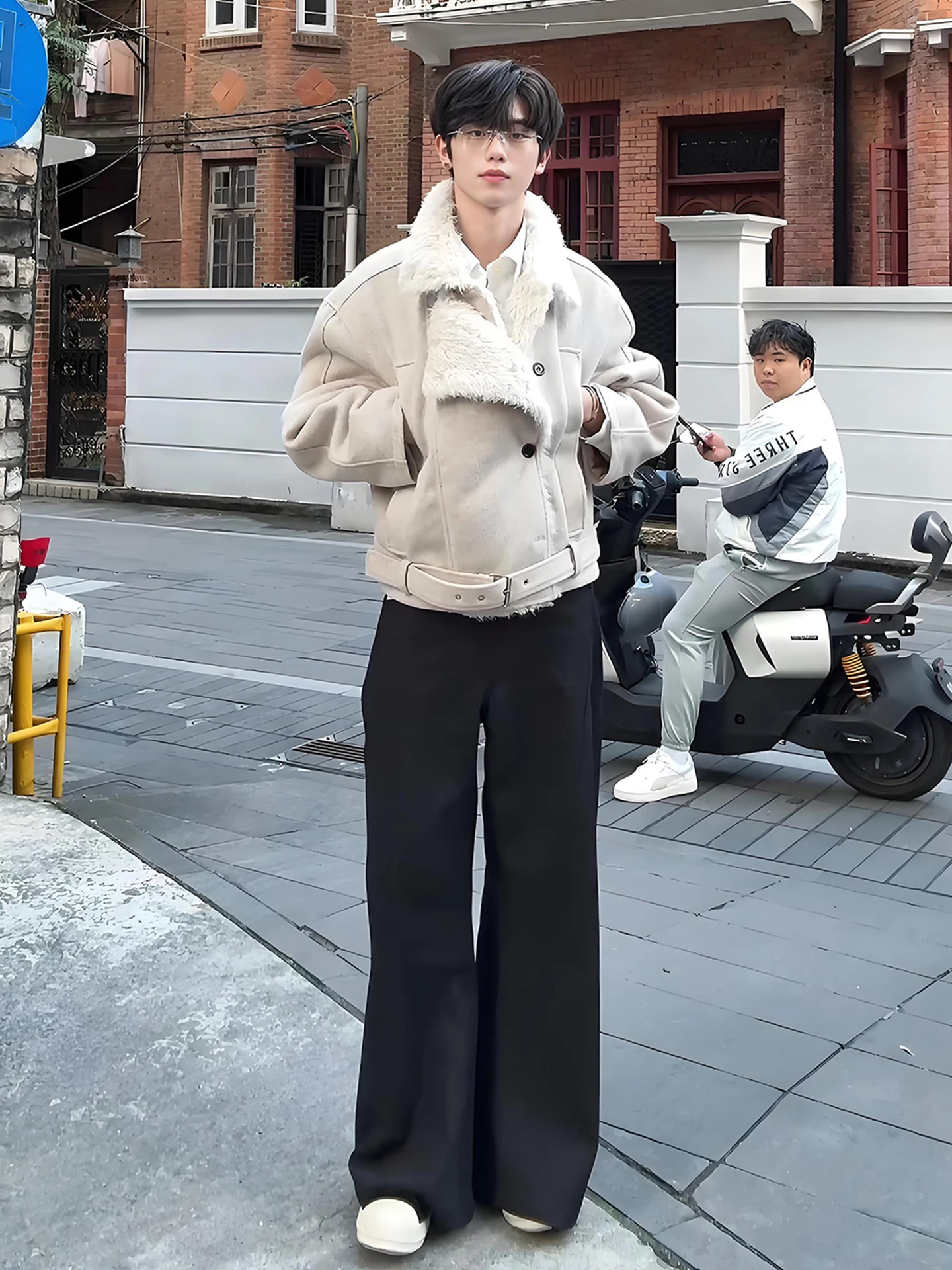 

Men's ort Cotton Woolen Coat Winter Warm Flannel Jaet Lapel Collar Inteated Leather Fur American Sle Youth Faion