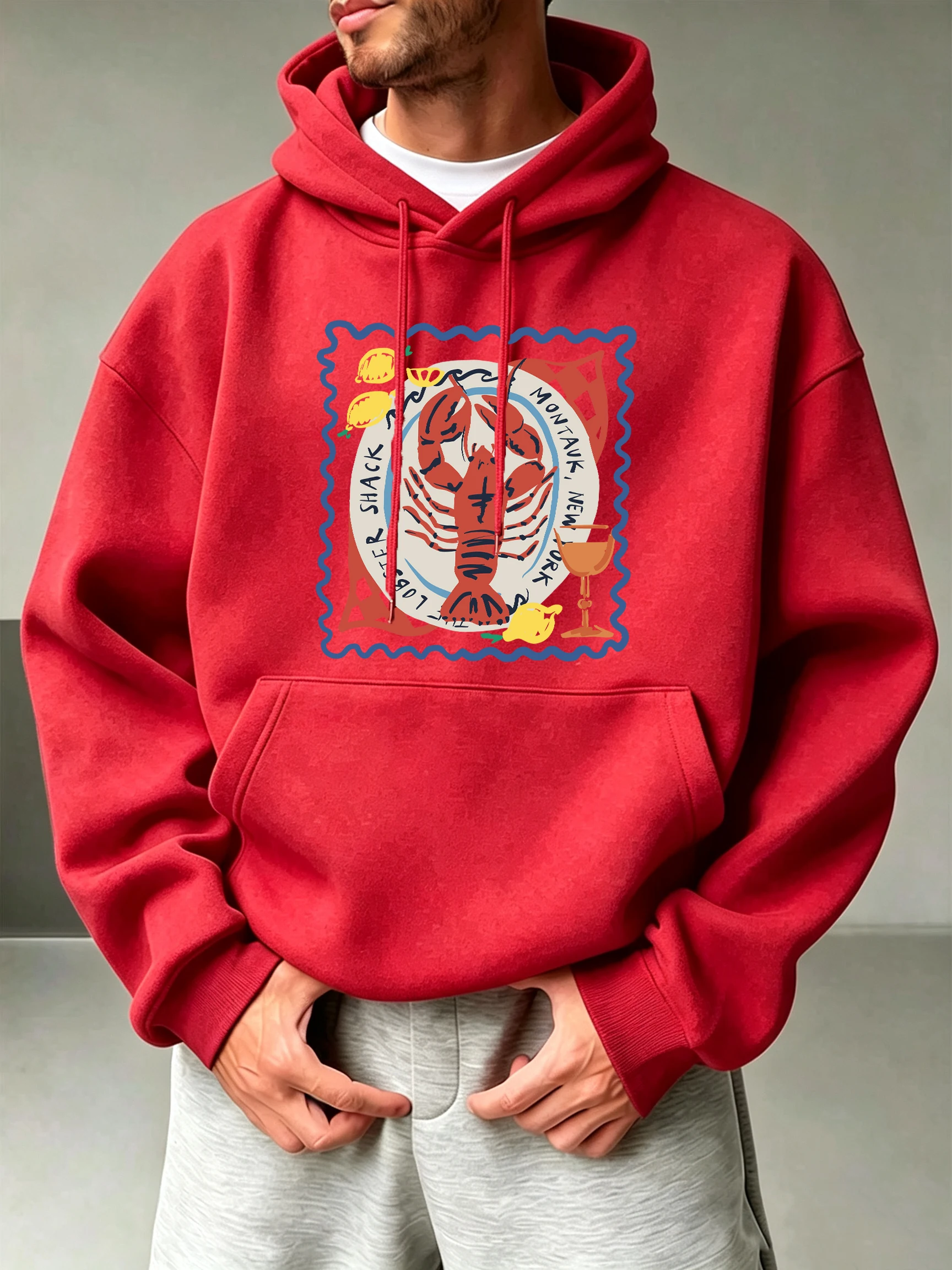 Lemon Drink With Lobster Print Street Pullover Men Autumn Loose Hoody Casual Fleece Clothes All-Match O-Neck Comfy Long Sleeve