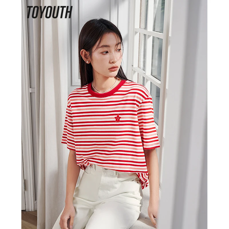 Toyouth Women T-shirt 2023 Summer Short Sleeve O Neck Loose Tees Striped Star Embroidery Chic Casual Fashion Streetwear Tops