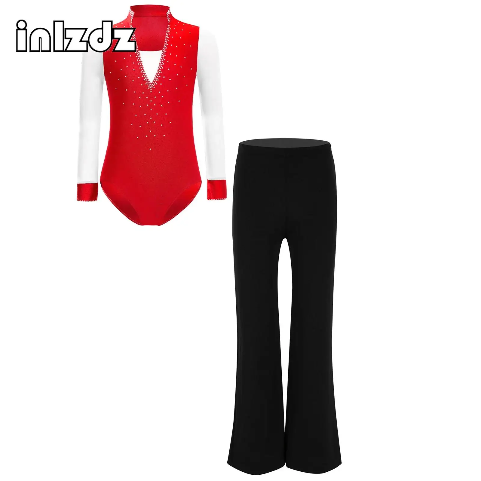 

Kids Boys Figure Skating Costume Set Dancewear Sheer Mesh Long Sleeve Shiny Rhinestones Leotard with Pants for Stage Performance