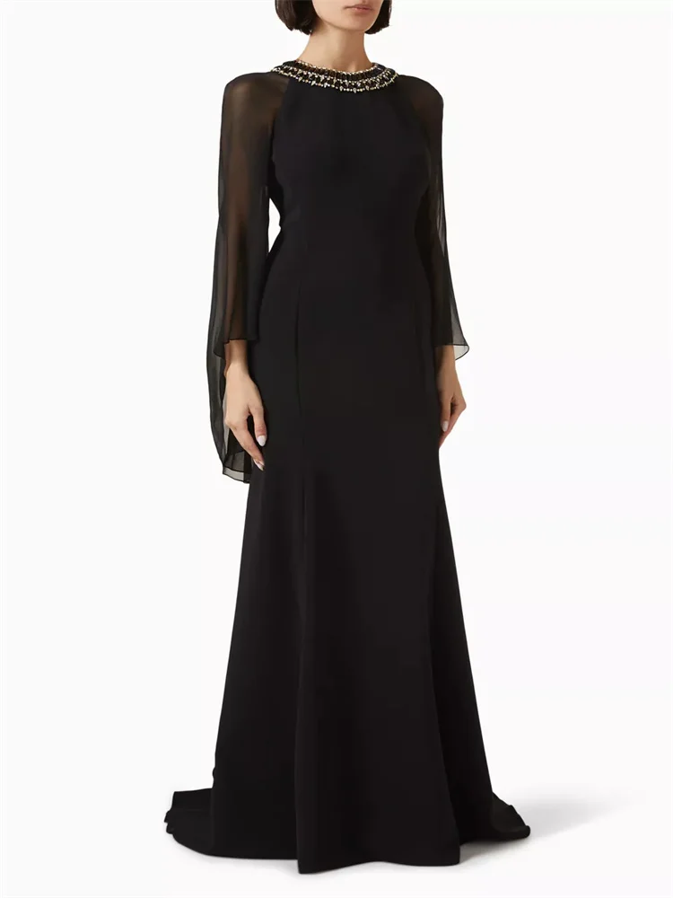 

Customized Exquisite Black Beaded Long Flared Sleeves Formal Evening Dress Round-neck Crystal Beaded Elegant Flared Hem Dress