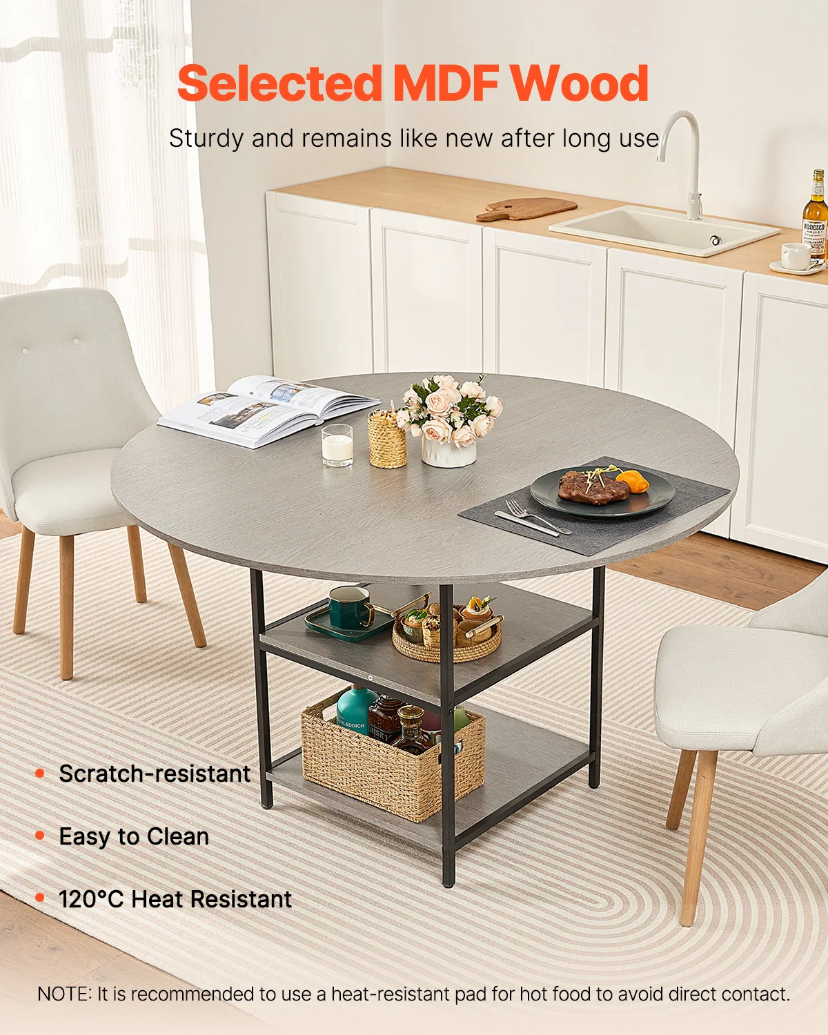 VEVOR Round Dining Table 47 inch Wood Table for 2-4 Person Modern Circle Dinner Furniture for Home Kitchen Living Room