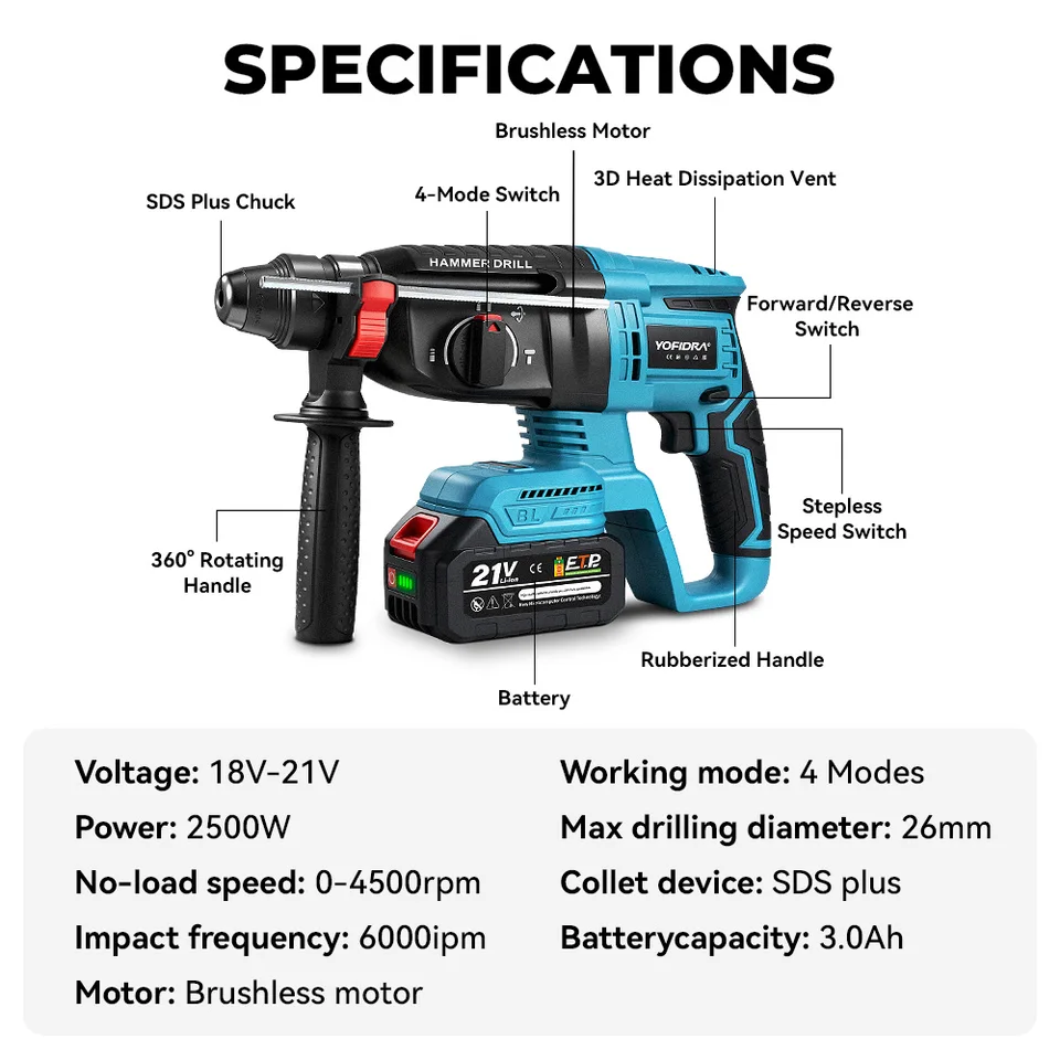 YOFIDRA 26mm Brushless Electric Hammer Drill 18V