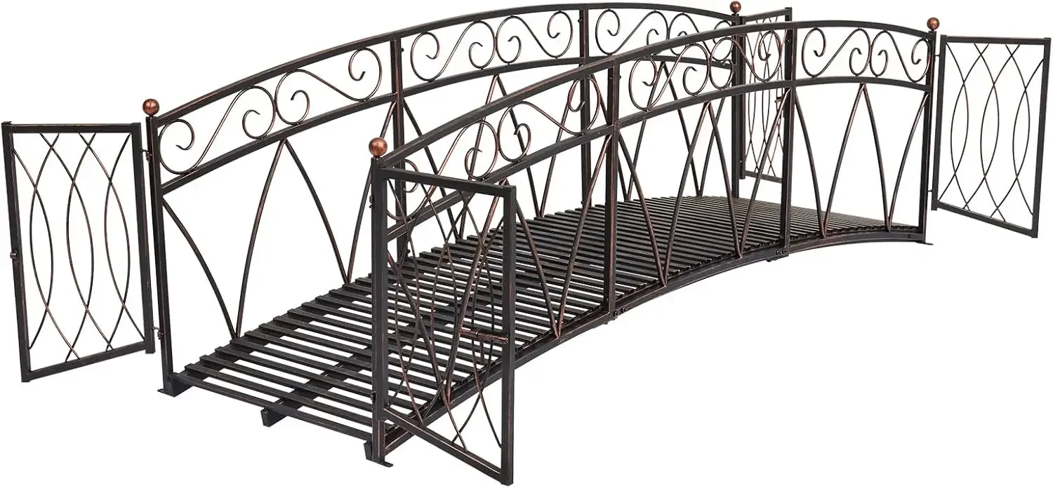 

Metal Garden Bridge - 8 Ft Garden Arch Bridges for Outdoors with Safety Side Rails ＆ Gate, Fenced Pond Bridge for Outdoor