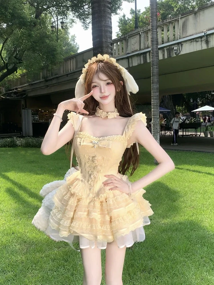 

Umei STAZF7 Lace Puffy Skirt Sweet Spicy Princess Cake Skirt Women's Spring Summer Short Dress High Waist Knot
