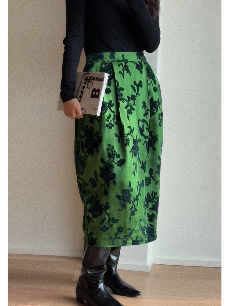 

Ретро-юбка из бархатного шелка с принтом, с завышенной талией, утягивающая, пышная, для женщин, весенний сезон