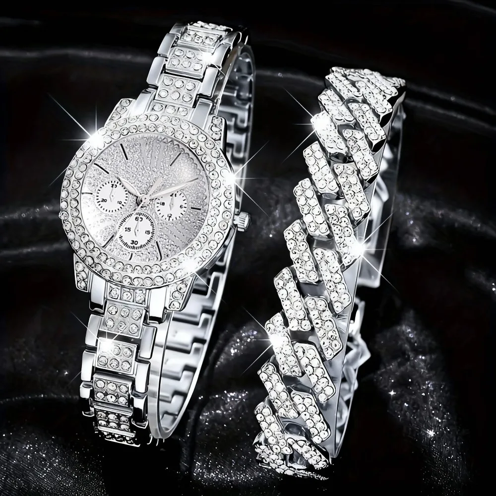 2pcs/set, Women Watch & Bracelet  Elegant Quartz Watch with A Three-Eye Dial, Fashion Ladies' Wristwatch