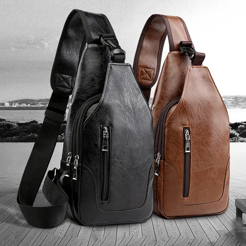 Men\'s USB Chest Bag Designer Messenger Crossbody Package PU Leather Shoulder Bags Diagonal Package Travel Chest Bag Bolso Hombre