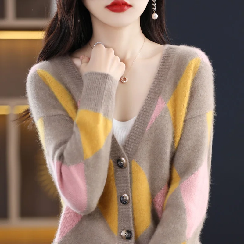 Heavy Industry Thickened Contrast Cashmere Sweater Women\'s V-Neck Knitting Cardigan 100% Merino Wool Top Fashion Korean Jacket