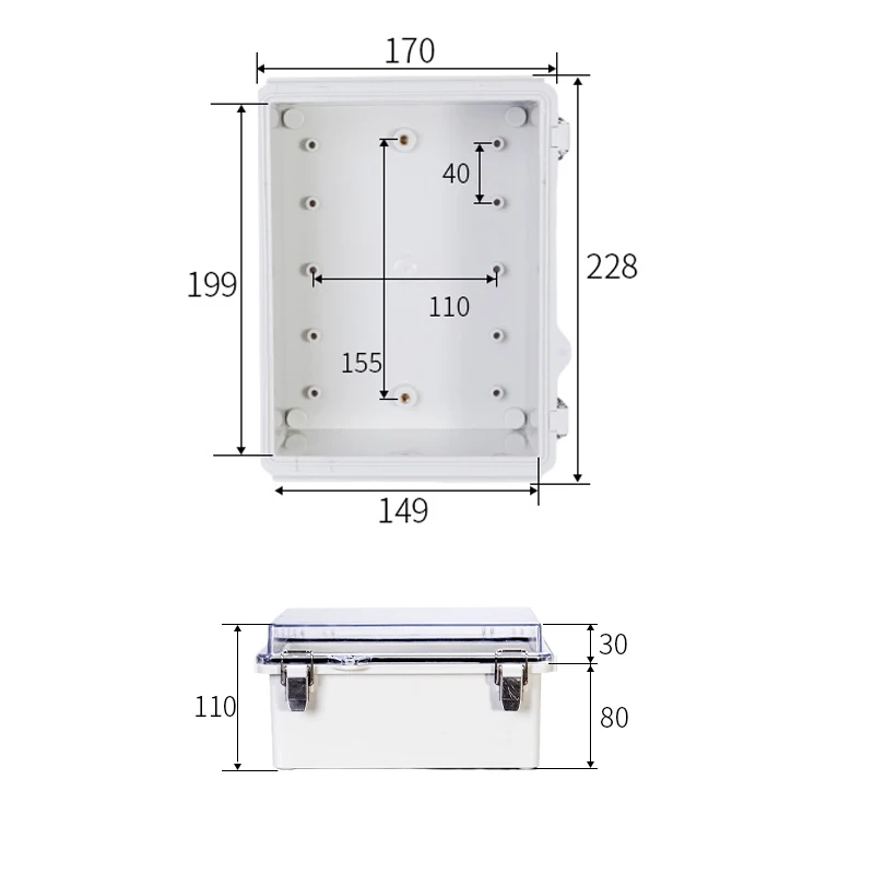 Waterproof IP67 Electrical Junction Box Hinged Clear Cover Stainless Steel Latch Enclosure Bottom Plate Bracket 220x170x110mm