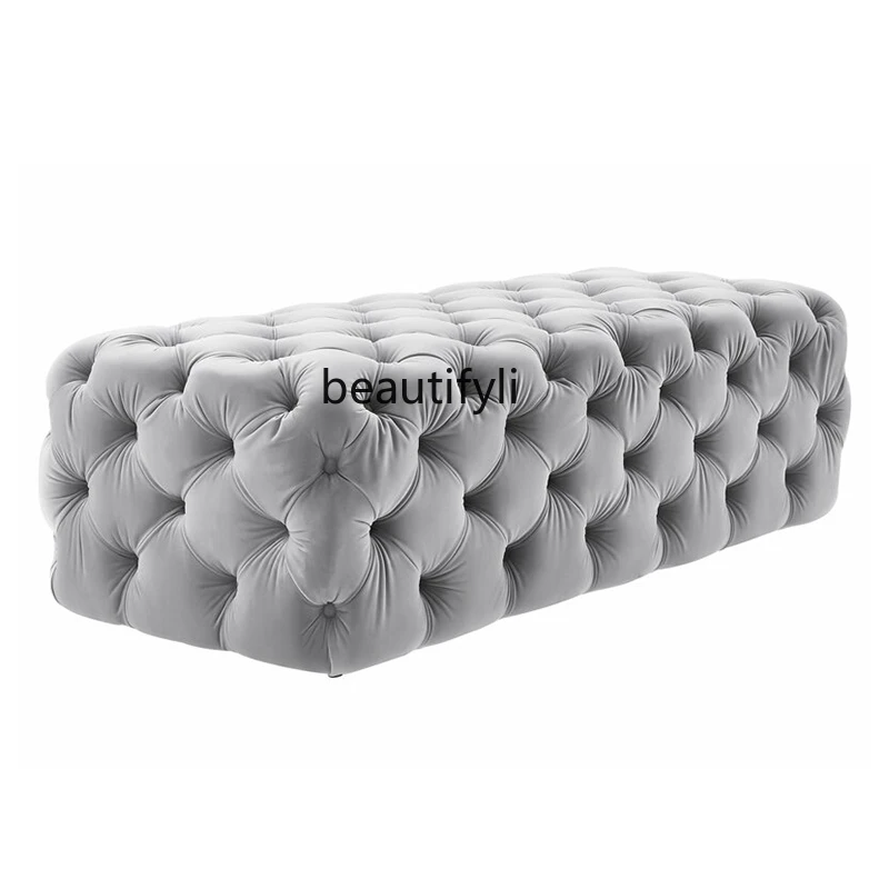 Light Luxury Designer Velvet Handmade Pull Buckle Low Stool Living Room Sofa Stool Bedroom Bed End Stool