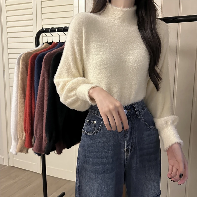 

Women's Faux Mink Sweater Autumn Winter Warm Fce Loose f High Collar Knitted Top Trendy Lazy Sle Commute Faion