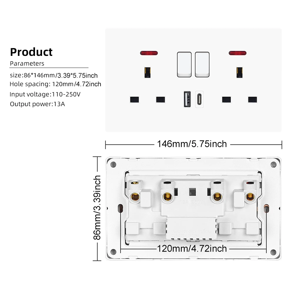 Standardowe gniazdo brytyjskie z USB typu C 5 V 2,1 A, plastikowy panel 146*86 mm, podwójne gniazda elektryczne z przełącznikami UK wtyczka USB