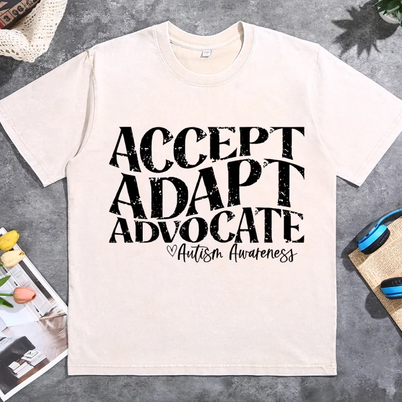 Accept Adapt Advocate Autism Awareness Vintage Tee Autism Mom Autism T Shirt Men Women Cotton Short Sleeve Round Neck Tees