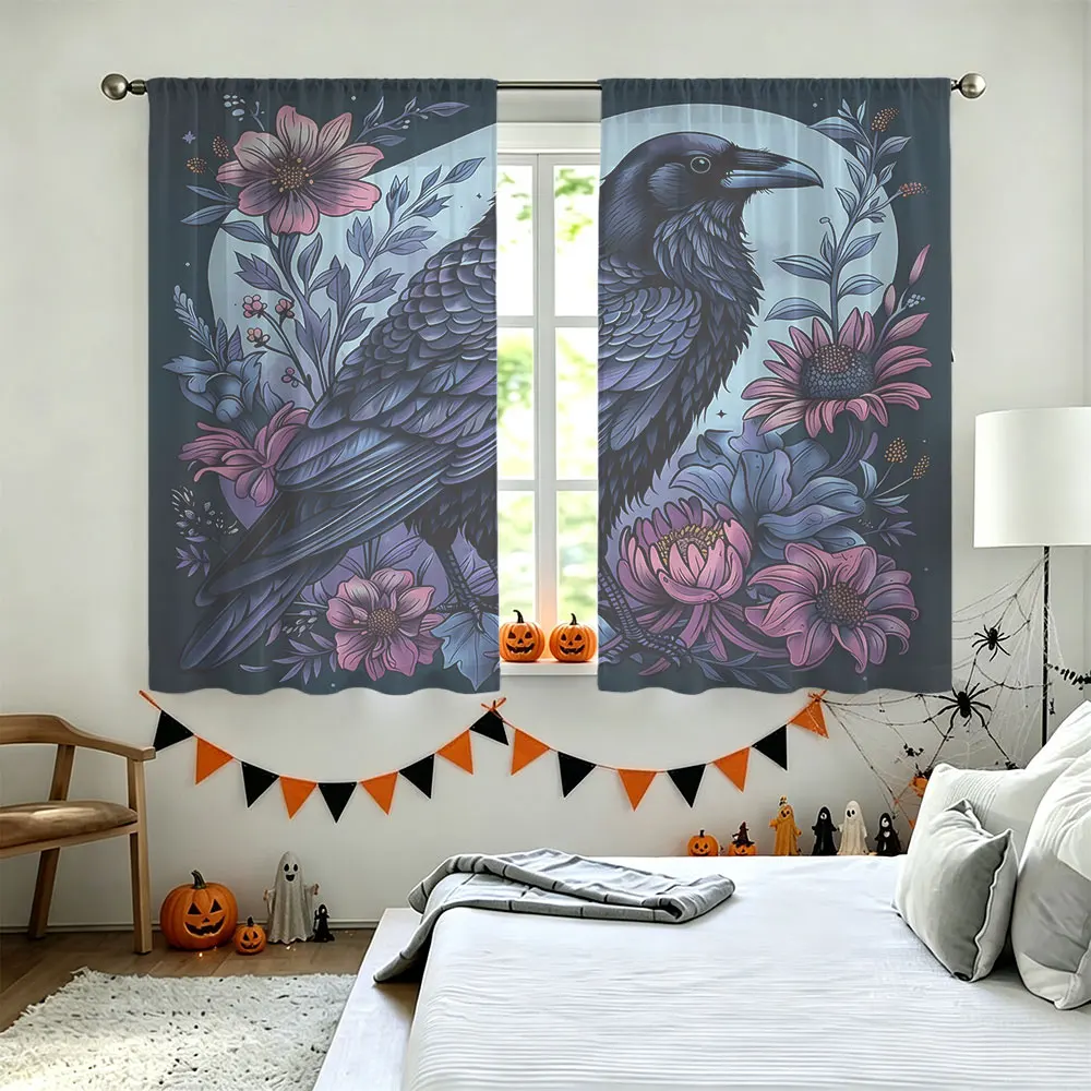 2pcs Night Crows Floral Print Rod Pocket Curtains, Light Blocking Privacy Window Drapes For Living Room Bedroom Household Hom