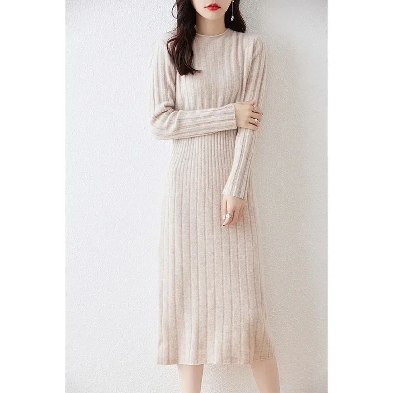 2023 Autumn Winter High Elasticity 100% Wool Thicken Sweater Dress Warm Basic Knitted Pullover Women Slim Dress Female Casual