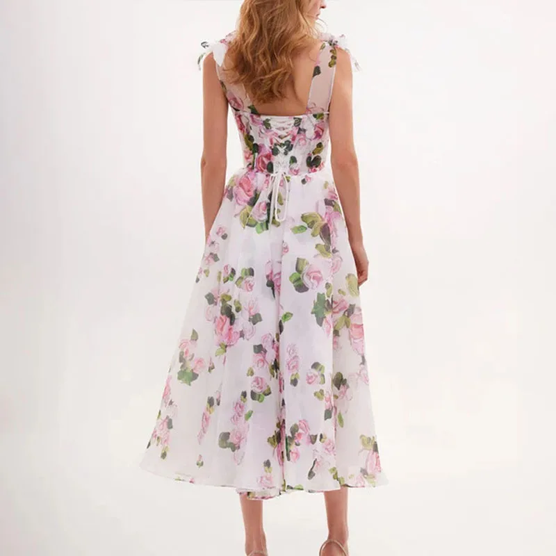 セクシーな花柄プリントの女性の夏のロングドレスエレガントな自由奔放に生きる背中の開いたフラワービーチサンドレスレトロ休暇パーティーマキシドレス