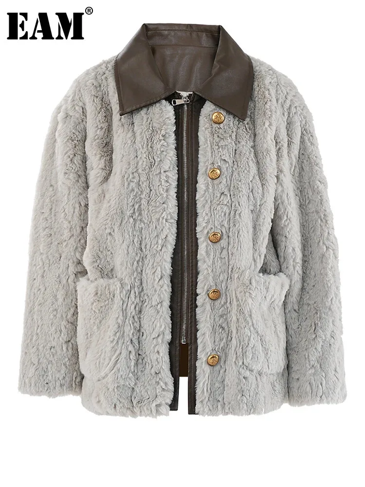 

[EAM] Faux Fur Gray Leather Spliced Big Size Warm Jacket New Lapel Long Sleeve Women Coat Fashion Autumn Winter 2024 CPG1958