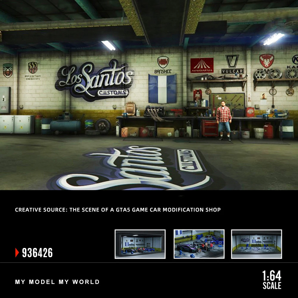 

Car Garage Models 1:64 GTA Inspired Scene Diorama Model with LED Lights & Dustproof Cover for Display & Collection