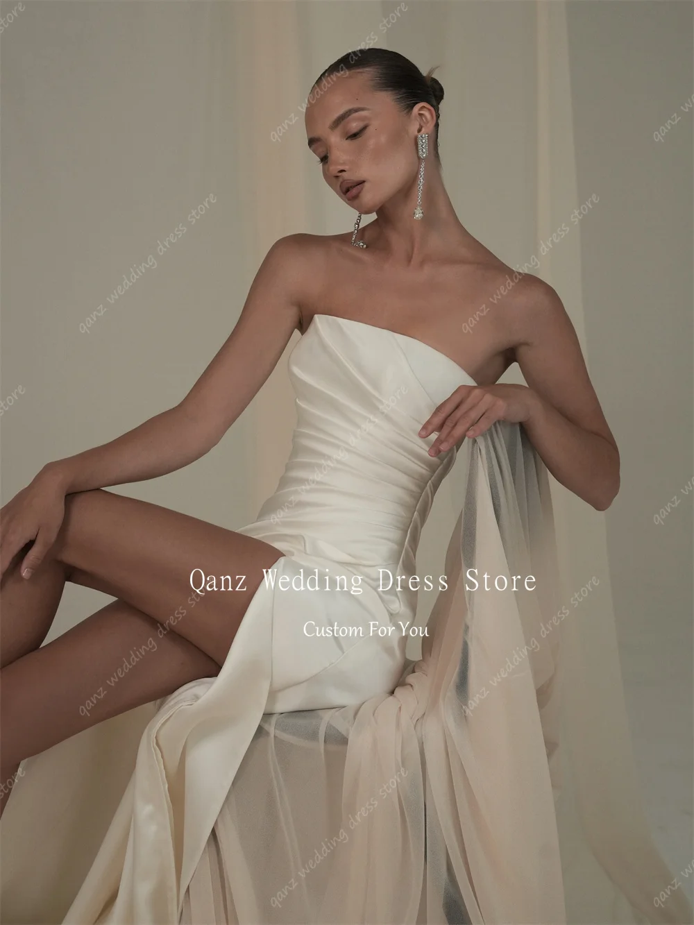 Qanz Minimalism Mermaid Wedding Dresses High Slit Ivory Satin Vestido De Novia Open Back Women Robe De Mariée Customized